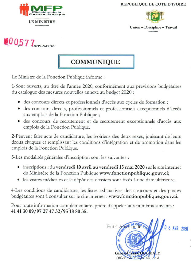 CONCOURS DE LA FONCTION PUBLIQUE 2020 communiqué